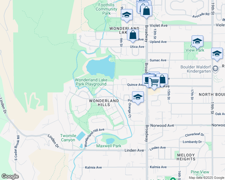 map of restaurants, bars, coffee shops, grocery stores, and more near 4011 Wonderland Hill Avenue in Boulder