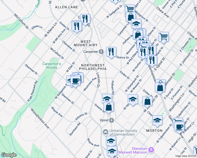 map of restaurants, bars, coffee shops, grocery stores, and more near 406 Westview Street in Philadelphia