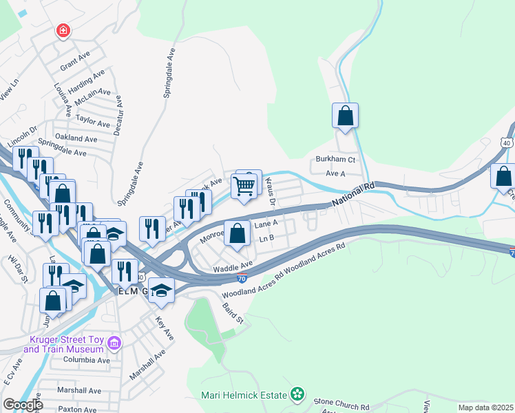 map of restaurants, bars, coffee shops, grocery stores, and more near 2485 National Road in Wheeling