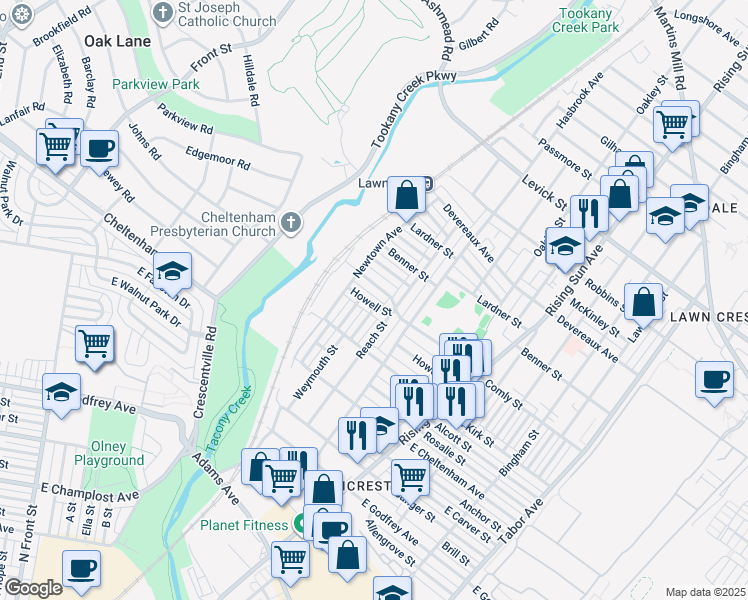 map of restaurants, bars, coffee shops, grocery stores, and more near 233 Howell Street in Philadelphia