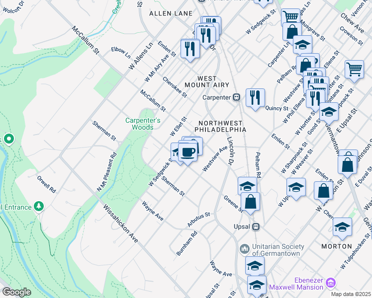 map of restaurants, bars, coffee shops, grocery stores, and more near 6925 Greene Street in Philadelphia