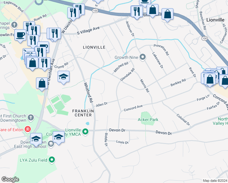 map of restaurants, bars, coffee shops, grocery stores, and more near 119 Glendale Road in Exton