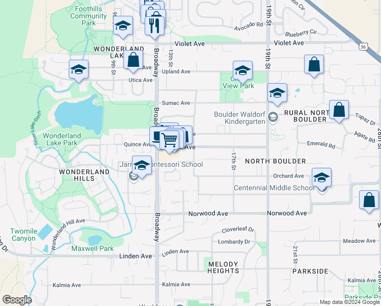 map of restaurants, bars, coffee shops, grocery stores, and more near 3948 15th Street in Boulder