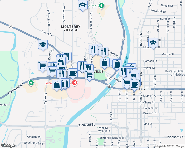 map of restaurants, bars, coffee shops, grocery stores, and more near 196 Westfield Road in Noblesville
