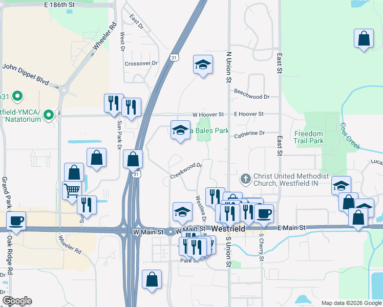 map of restaurants, bars, coffee shops, grocery stores, and more near 345 West Hoover Street in Westfield