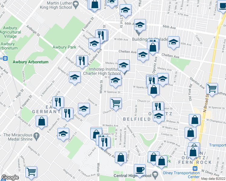 map of restaurants, bars, coffee shops, grocery stores, and more near 2123 West Spencer Street in Philadelphia