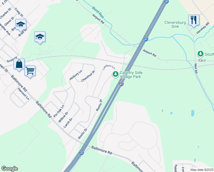 map of restaurants, bars, coffee shops, grocery stores, and more near 84 Lantern Lane in Shippensburg