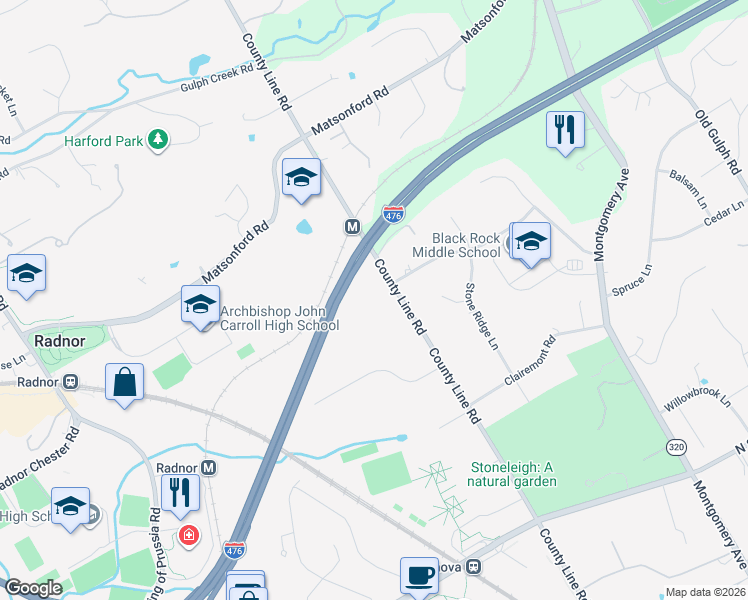 map of restaurants, bars, coffee shops, grocery stores, and more near 727 County Line Road in Villanova
