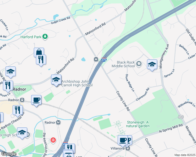 map of restaurants, bars, coffee shops, grocery stores, and more near 711 County Line Road in Villanova