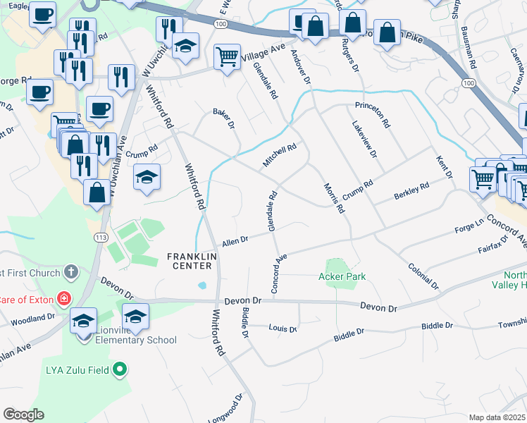 map of restaurants, bars, coffee shops, grocery stores, and more near 119 Glendale Road in Exton