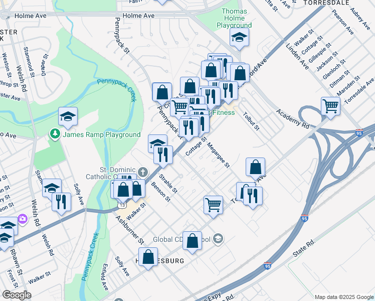 map of restaurants, bars, coffee shops, grocery stores, and more near 8714 Cottage Street in Philadelphia