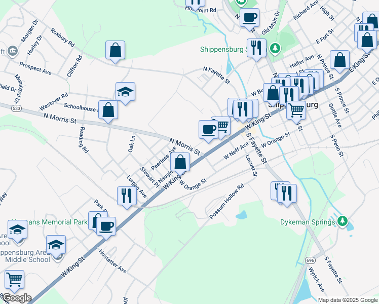map of restaurants, bars, coffee shops, grocery stores, and more near 14 North Morris Street in Shippensburg