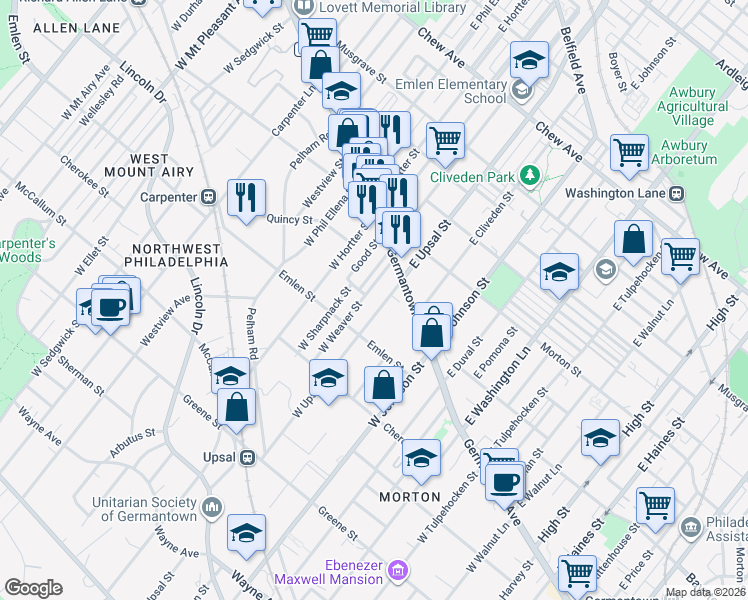 map of restaurants, bars, coffee shops, grocery stores, and more near 37 West Upsal Street in Philadelphia