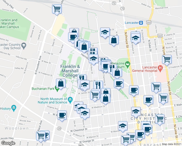 map of restaurants, bars, coffee shops, grocery stores, and more near 642 North Mary Street in Lancaster