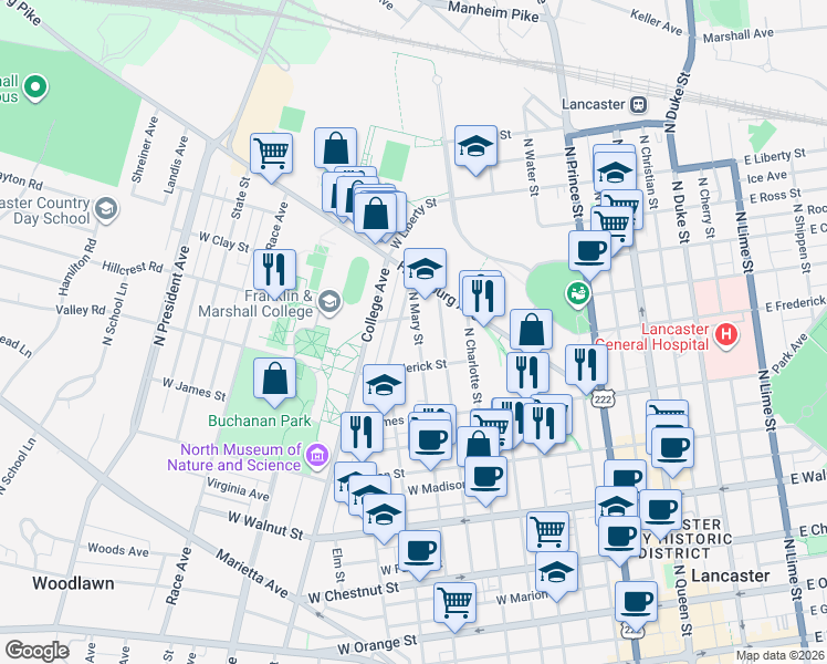 map of restaurants, bars, coffee shops, grocery stores, and more near 627 North Pine Street in Lancaster