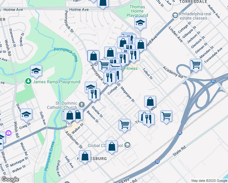 map of restaurants, bars, coffee shops, grocery stores, and more near 8737 Cottage St in Philadelphia