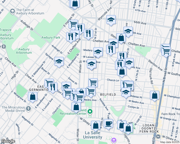 map of restaurants, bars, coffee shops, grocery stores, and more near 2119 West Spencer Avenue in Philadelphia