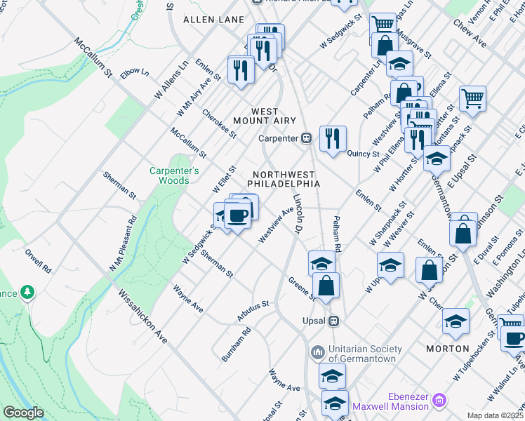 map of restaurants, bars, coffee shops, grocery stores, and more near 6814 McCallum Street in Philadelphia