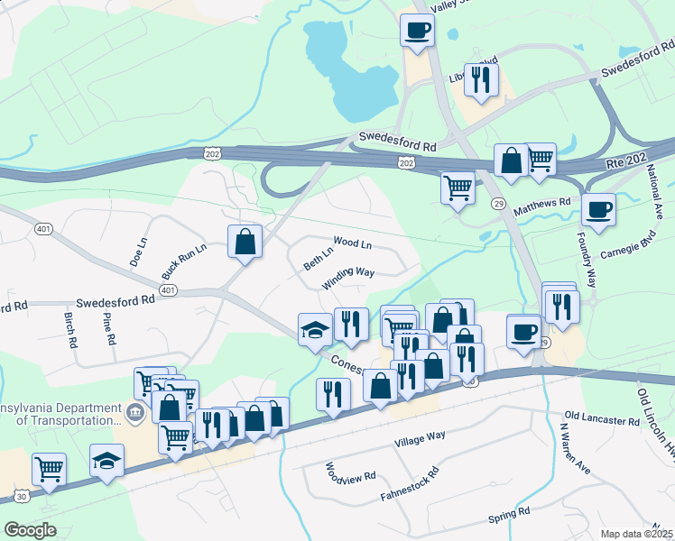 map of restaurants, bars, coffee shops, grocery stores, and more near 11 Winding Way in Malvern