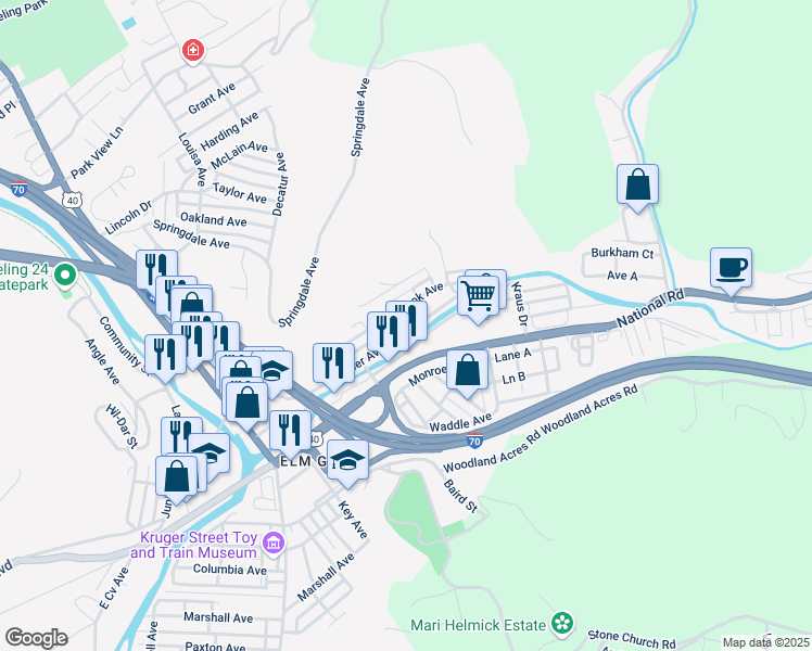 map of restaurants, bars, coffee shops, grocery stores, and more near 2377 Lumber Avenue in Wheeling