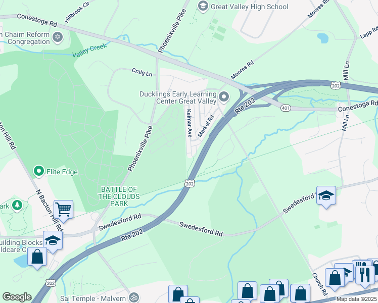 map of restaurants, bars, coffee shops, grocery stores, and more near 130 Kelmar Avenue in Malvern