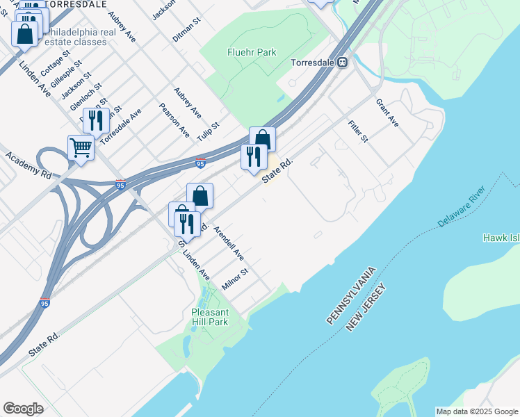 map of restaurants, bars, coffee shops, grocery stores, and more near 43203 Delaire Landing Road in Philadelphia