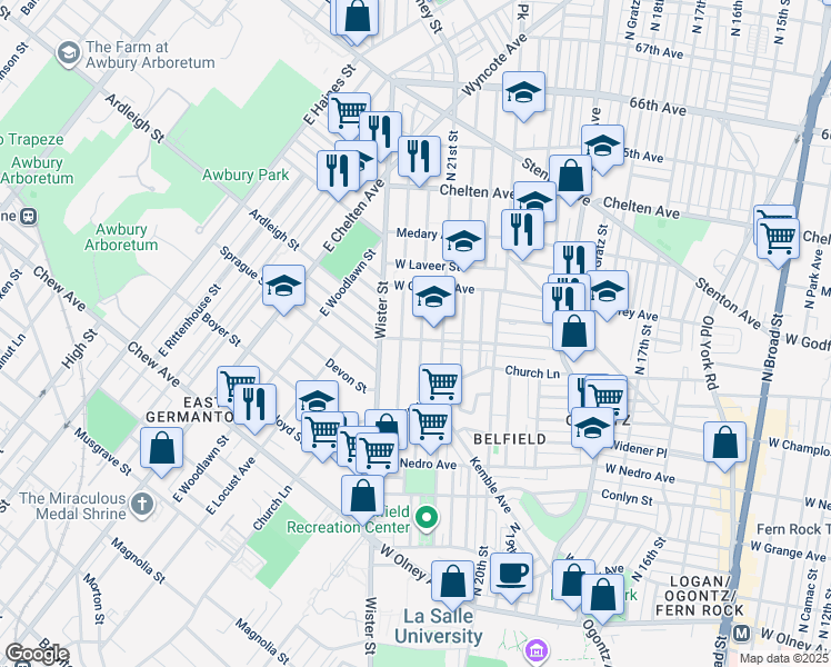 map of restaurants, bars, coffee shops, grocery stores, and more near 2131 West Spencer Avenue in Philadelphia