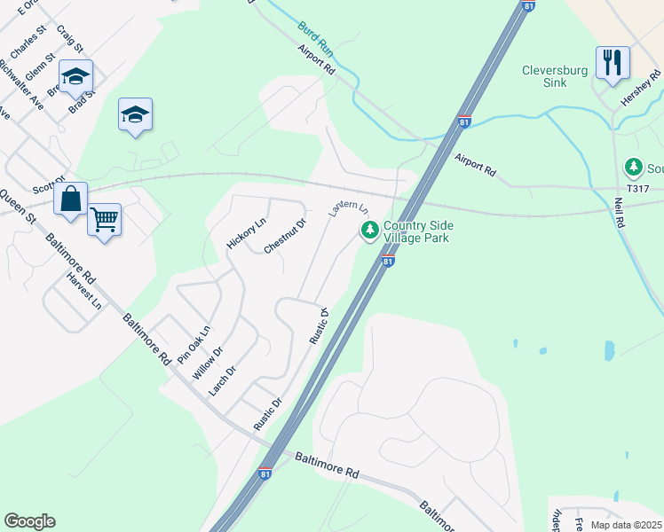 map of restaurants, bars, coffee shops, grocery stores, and more near 86 Lantern Ln in Shippensburg