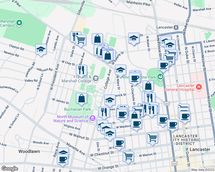 map of restaurants, bars, coffee shops, grocery stores, and more near 637 College Avenue in Lancaster