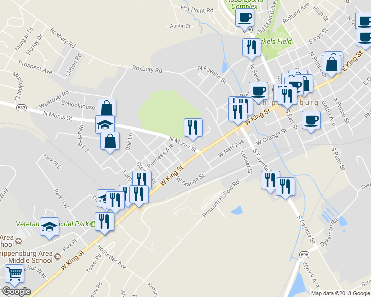 map of restaurants, bars, coffee shops, grocery stores, and more near 14 North Morris Street in Shippensburg