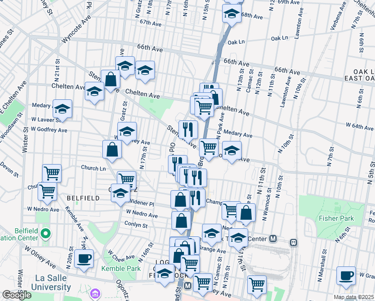 map of restaurants, bars, coffee shops, grocery stores, and more near 6147 1/2 Old York Road in Philadelphia