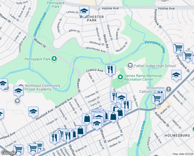 map of restaurants, bars, coffee shops, grocery stores, and more near 8061 Rowland Avenue in Philadelphia
