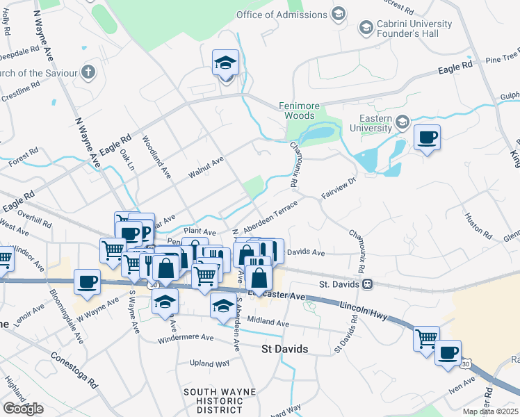 map of restaurants, bars, coffee shops, grocery stores, and more near 101 Aberdeen Terrace in Wayne