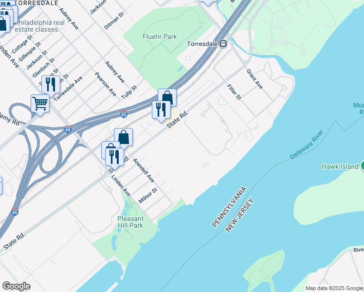 map of restaurants, bars, coffee shops, grocery stores, and more near 45104 Delaire Landing Road in Philadelphia