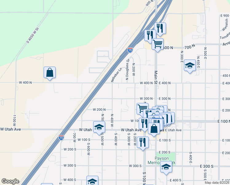 map of restaurants, bars, coffee shops, grocery stores, and more near 386 West 300 North in Payson