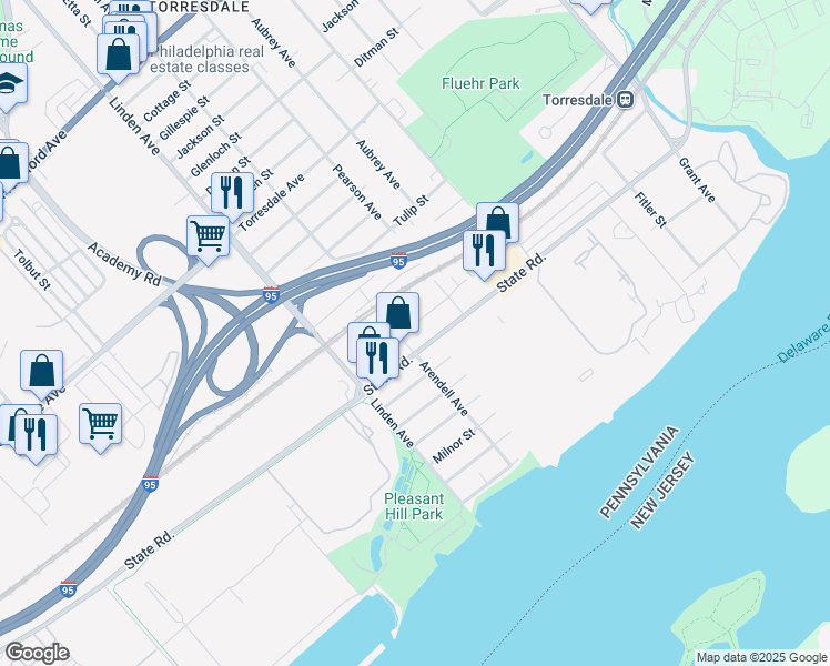 map of restaurants, bars, coffee shops, grocery stores, and more near 9303 State Road in Philadelphia