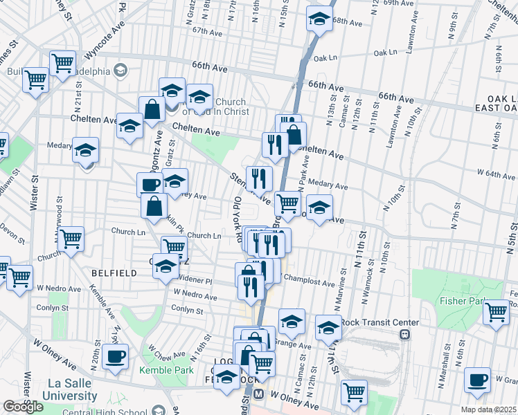 map of restaurants, bars, coffee shops, grocery stores, and more near 1425 West Sparks Street in Philadelphia