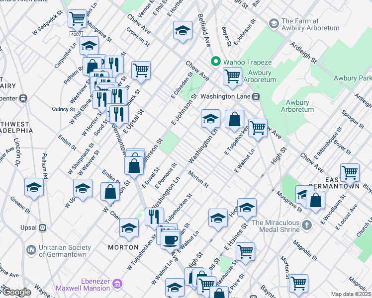 map of restaurants, bars, coffee shops, grocery stores, and more near 6261 Gardenia Street in Philadelphia