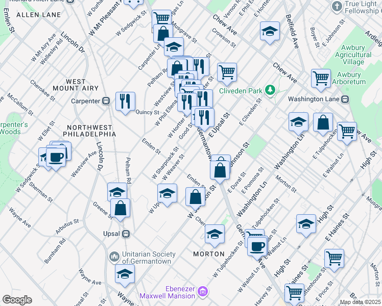 map of restaurants, bars, coffee shops, grocery stores, and more near 37 West Upsal Street in Philadelphia