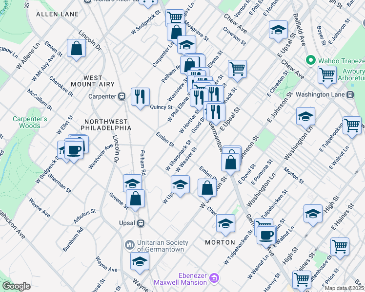 map of restaurants, bars, coffee shops, grocery stores, and more near 117 West Weaver Street in Philadelphia