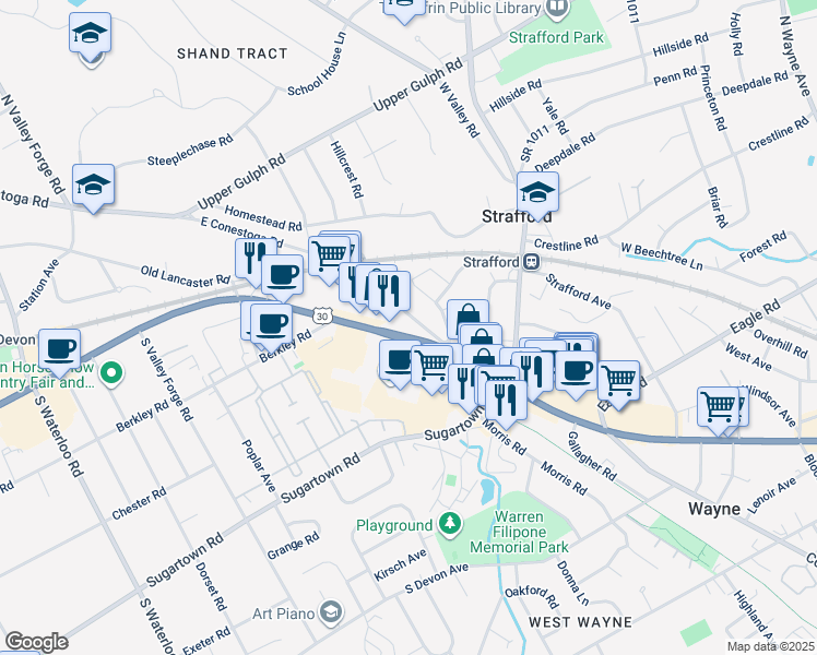 map of restaurants, bars, coffee shops, grocery stores, and more near 687 Lancaster Avenue in Wayne