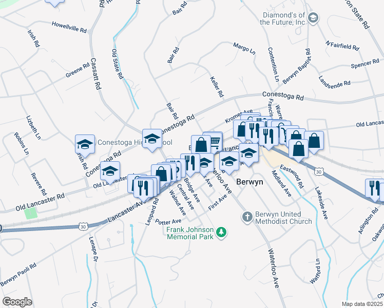 map of restaurants, bars, coffee shops, grocery stores, and more near 718 Lancaster Avenue in Berwyn