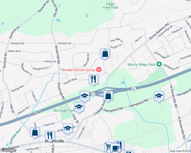 map of restaurants, bars, coffee shops, grocery stores, and more near 308 Primrose Lane in Mountville