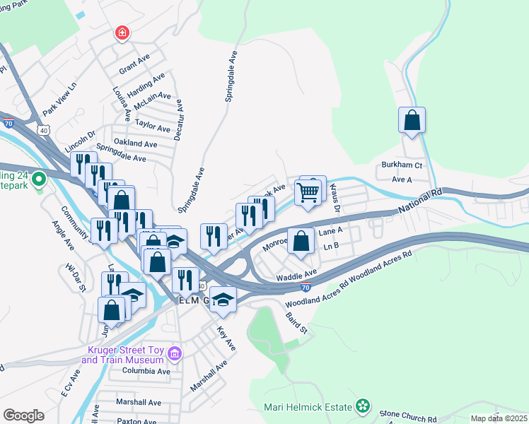 map of restaurants, bars, coffee shops, grocery stores, and more near 2336 Lumber Avenue in Wheeling