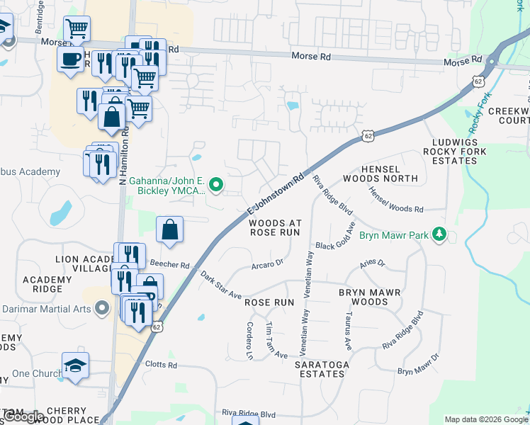 map of restaurants, bars, coffee shops, grocery stores, and more near 656 Rose Way in Columbus