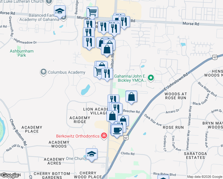 map of restaurants, bars, coffee shops, grocery stores, and more near 426 Beecher Road in Columbus