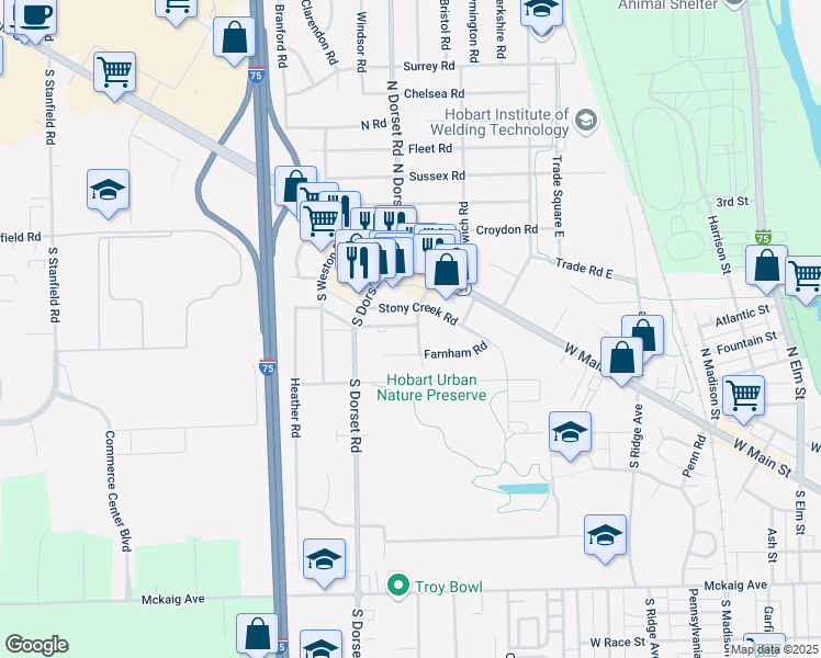 map of restaurants, bars, coffee shops, grocery stores, and more near 60 South Norwich Road in Troy