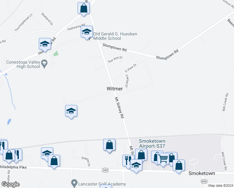 map of restaurants, bars, coffee shops, grocery stores, and more near 421 Mount Sidney Road in Lancaster