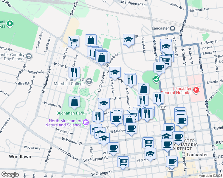 map of restaurants, bars, coffee shops, grocery stores, and more near 627 North Pine Street in Lancaster