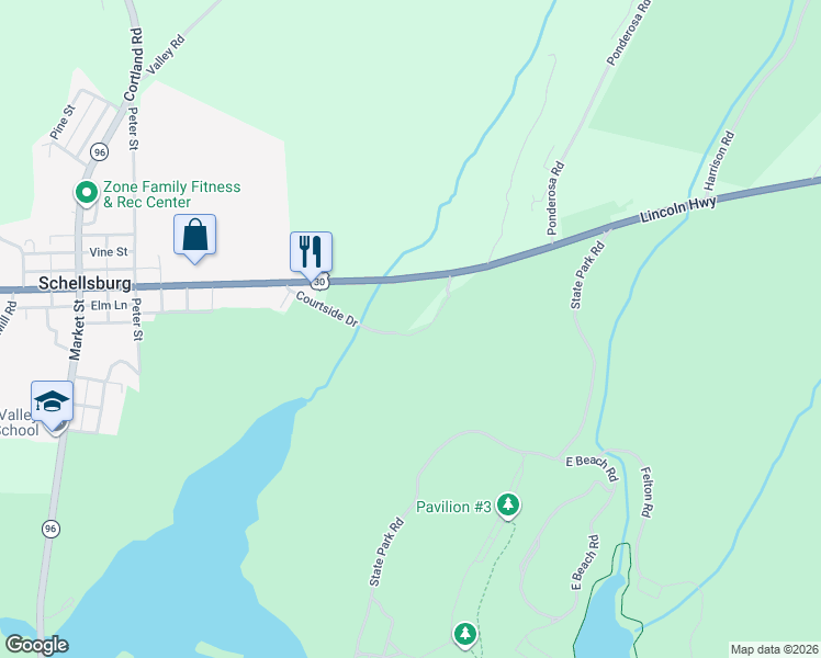 map of restaurants, bars, coffee shops, grocery stores, and more near 261 Courtside Drive in Schellsburg